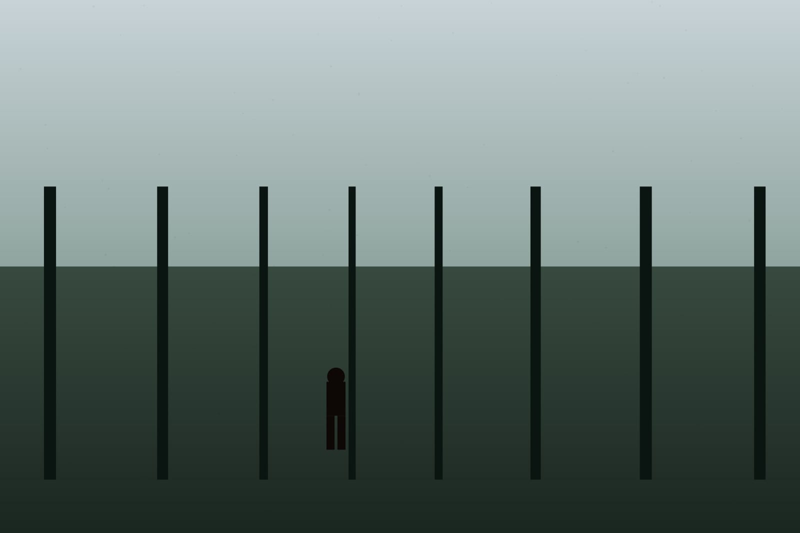 Placeholder image — forest with tree trunks framing a small figure.